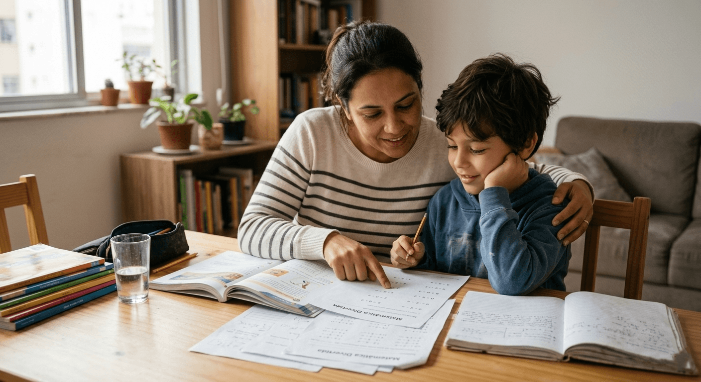 Mãe e filho estudando juntos com o método